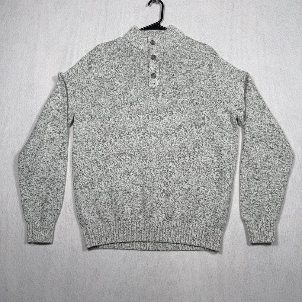IZOD Mens Marled Knit Button Mock Neck Sweater Grey White Medium